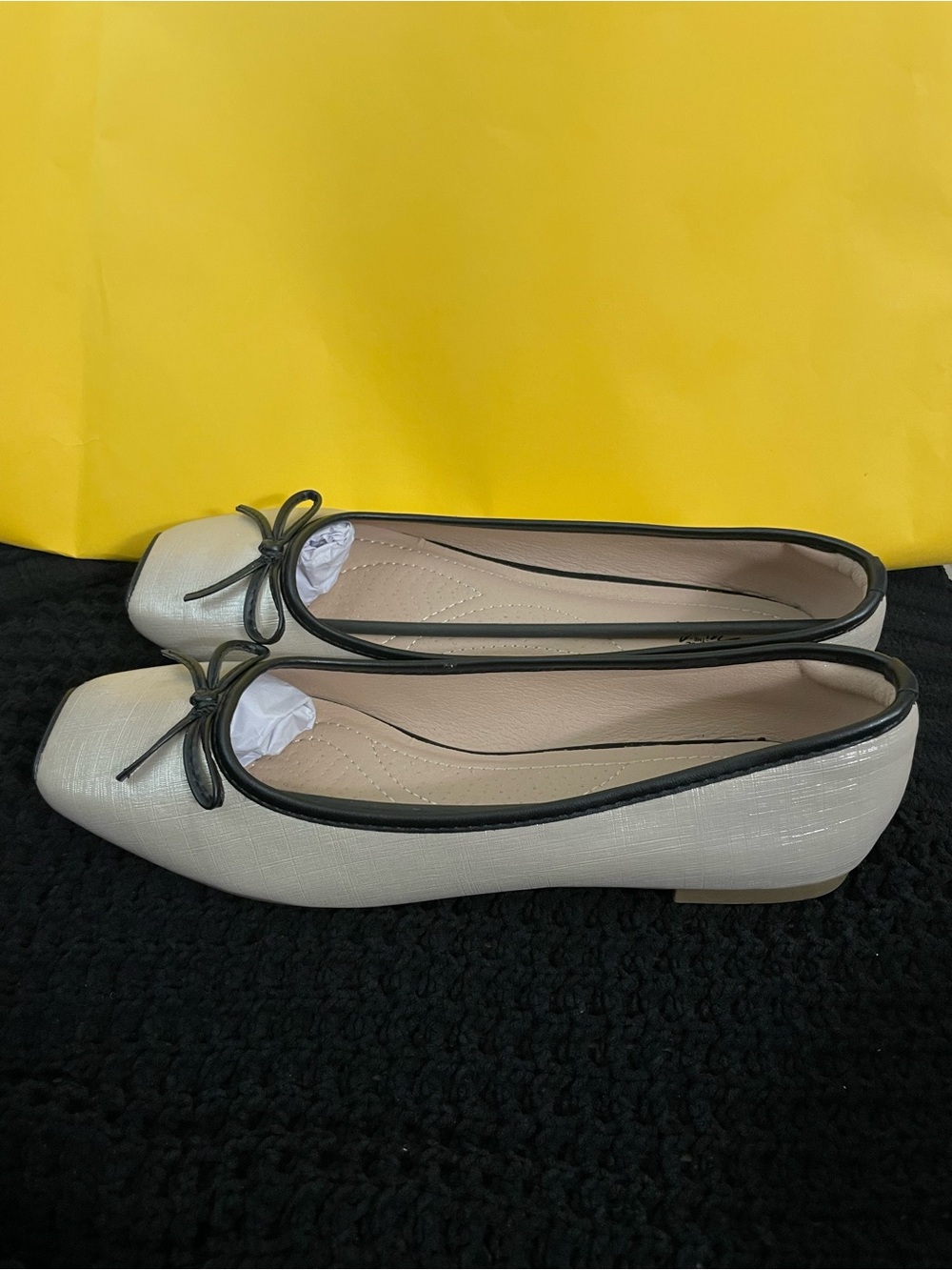 Cream Ballet Flats with Black Trim and Bow - Picture 2 of 4